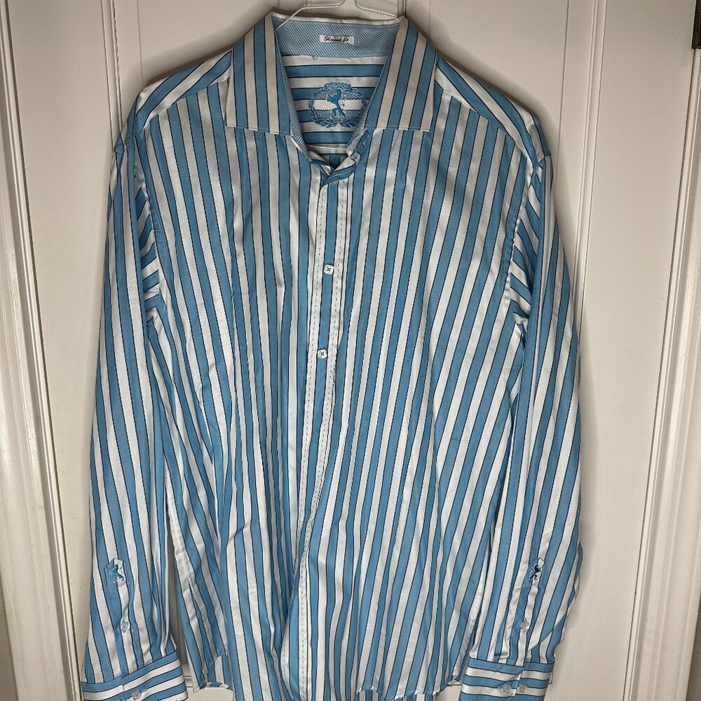 BUGATCHI UOMO Shaped Fit Dress Shirt - Blue and White Pinstripe